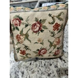 Twos Company Needlepoint Pillow Cushion Floral Flowers Decorative Wool & Velvet